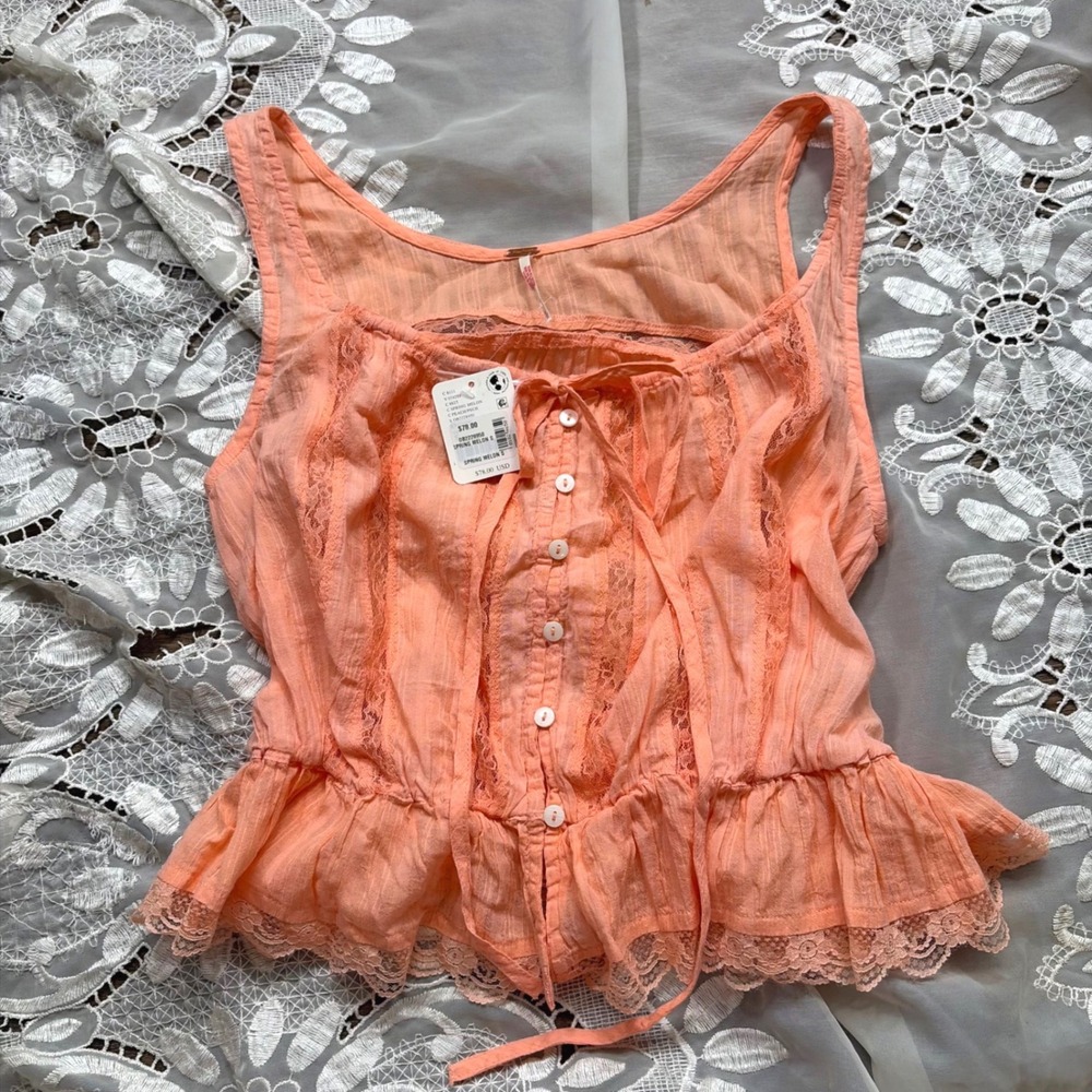 Free People Cottage Core Garden Spring Melon Lace Peplum Tank Top Peach Small